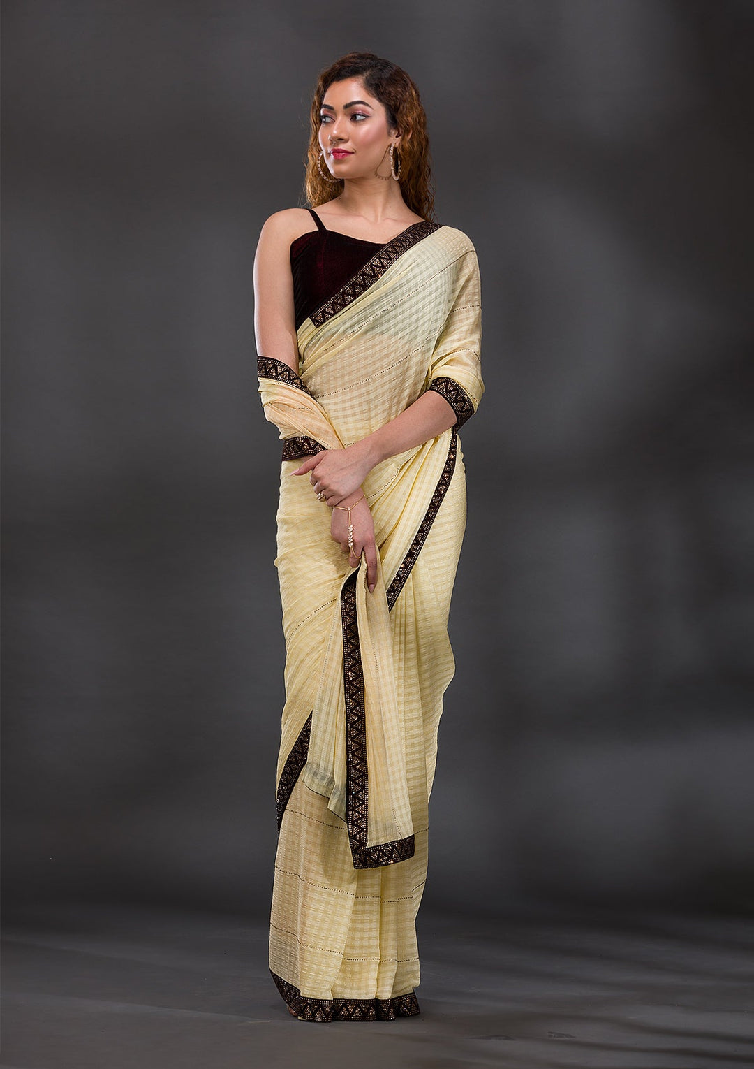 Yellow Swarovski Georgette Saree-Koskii