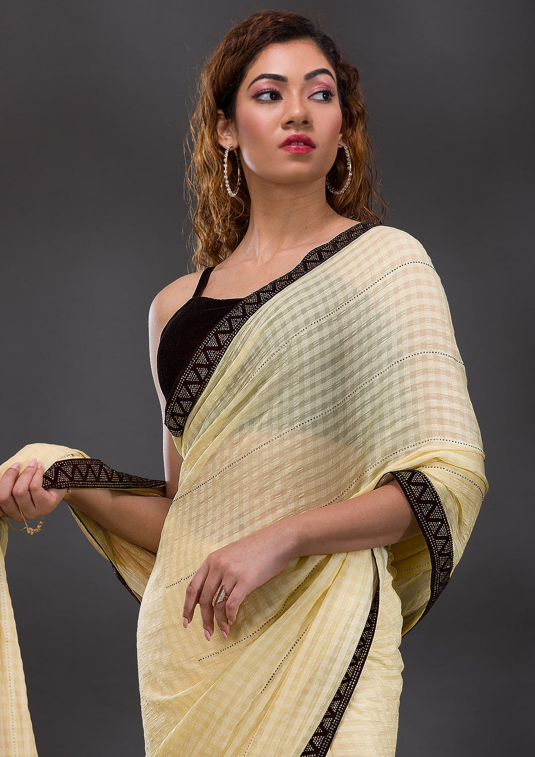 Yellow Swarovski Georgette Saree-Koskii