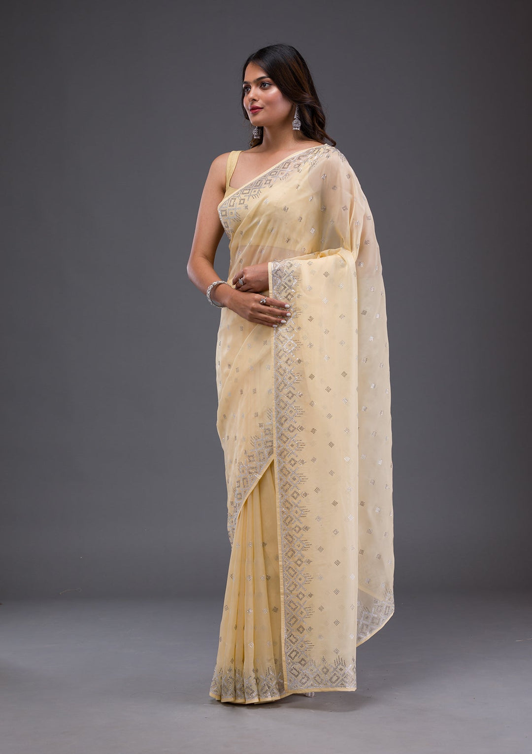 Sea Green Sequins Georgette Designer Saree-Koskii