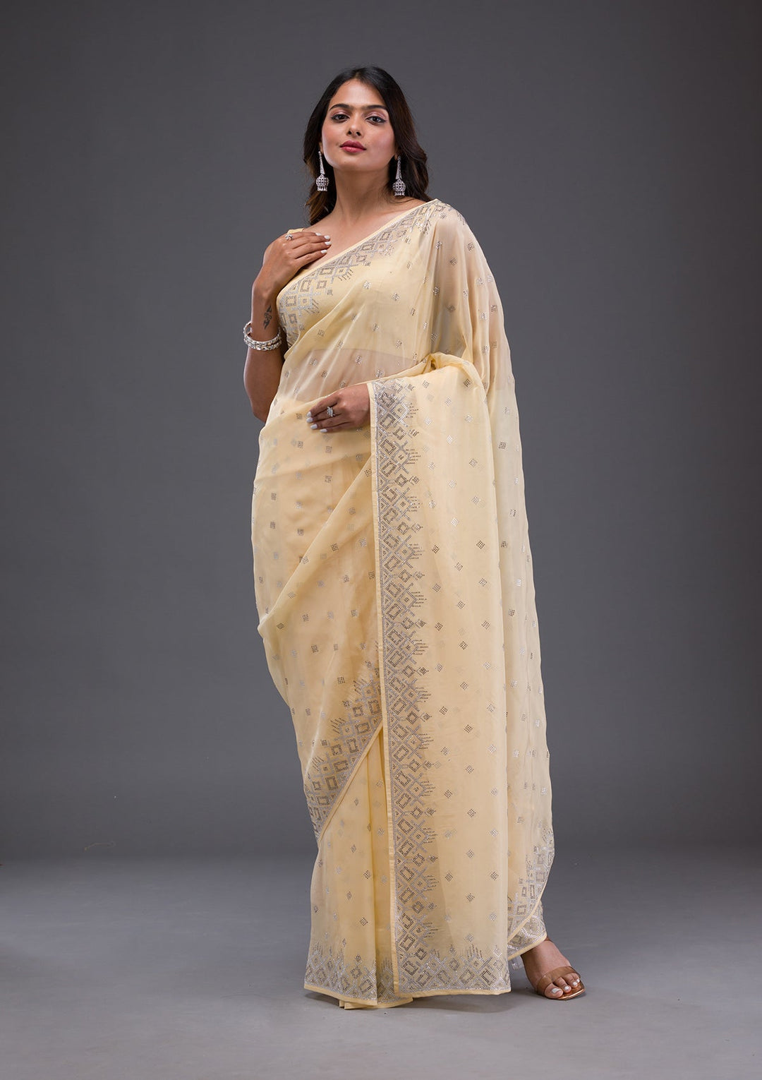 Sea Green Sequins Georgette Designer Saree-Koskii