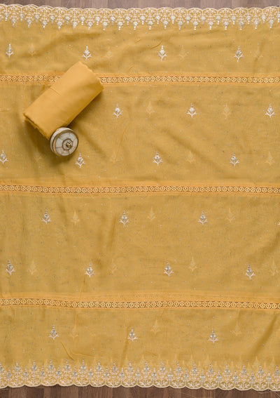 Yellow Swarovski Tissue Unstitched Salwar Suit-Koskii