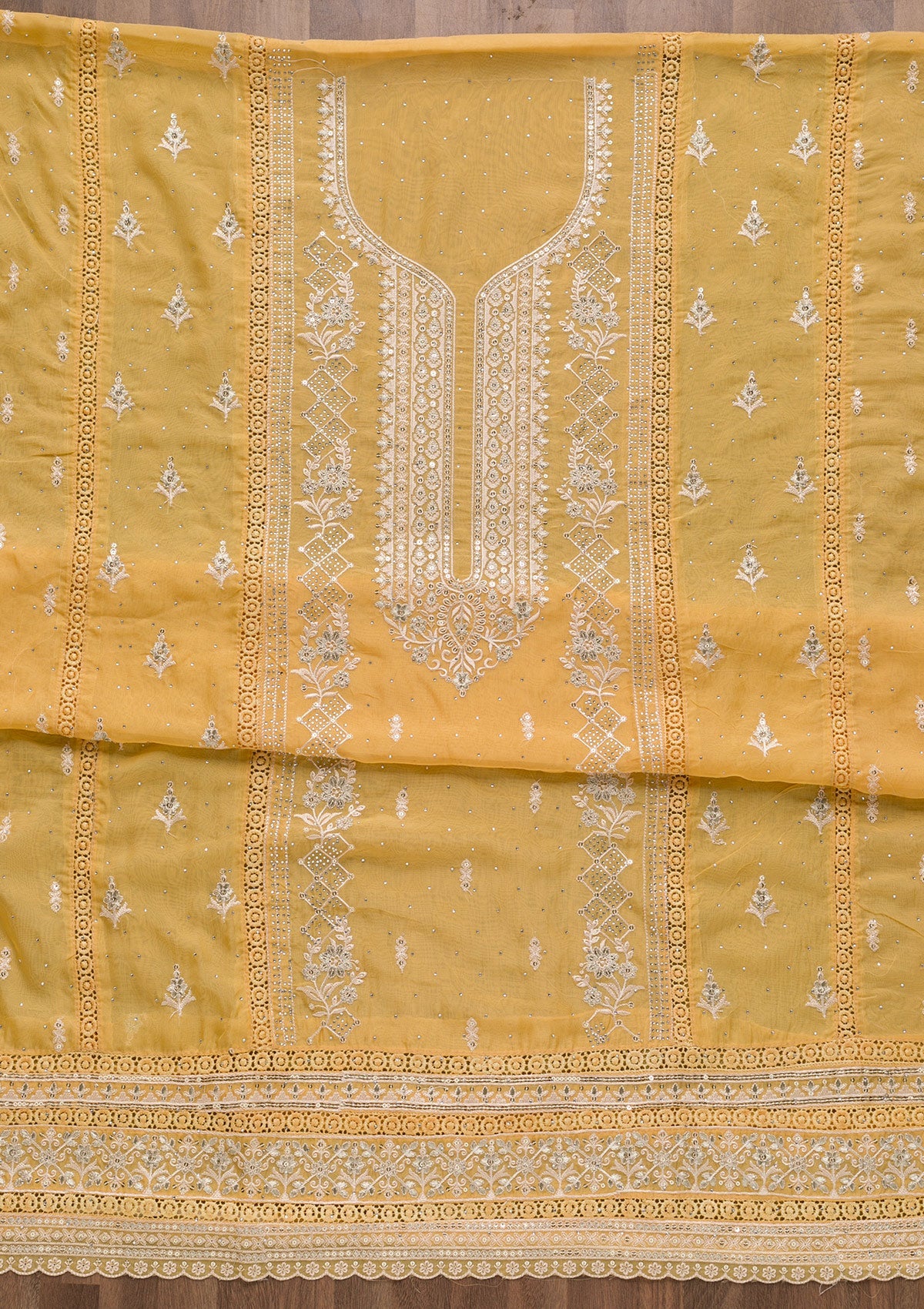 Yellow Swarovski Tissue Unstitched Salwar Suit-Koskii
