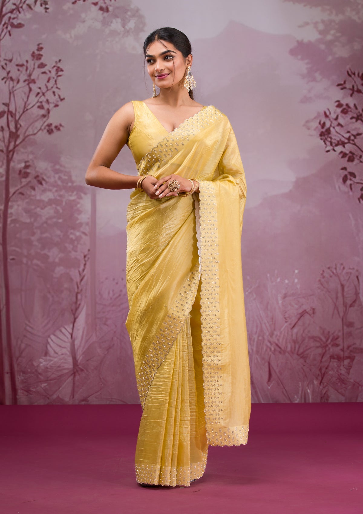 Yellow Swarovski Tissue Saree-Koskii