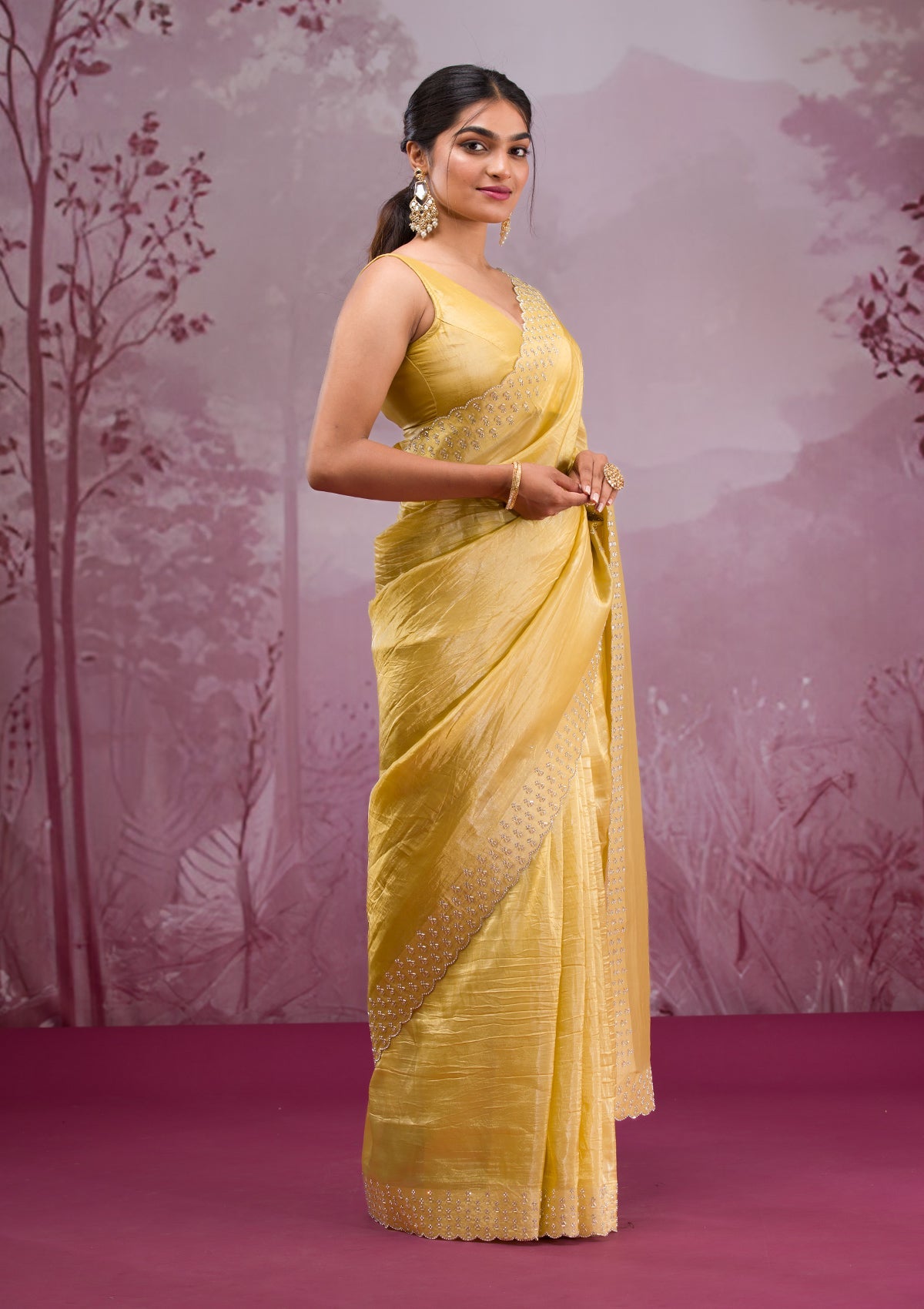 Yellow Swarovski Tissue Saree-Koskii