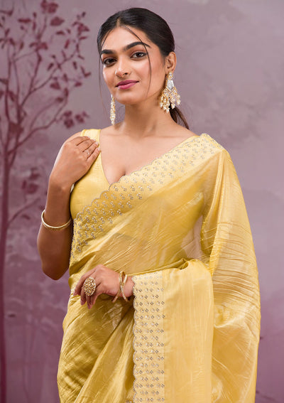 Yellow Swarovski Tissue Saree-Koskii