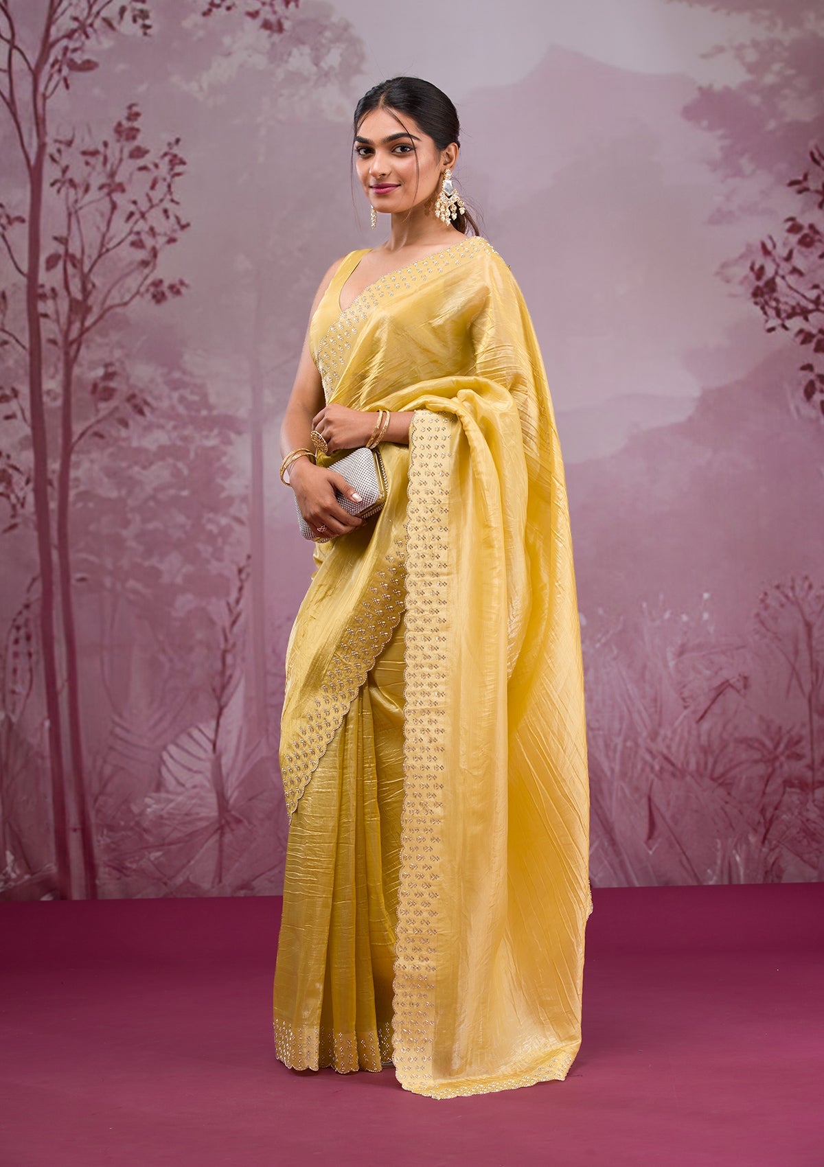 Yellow Swarovski Tissue Saree-Koskii