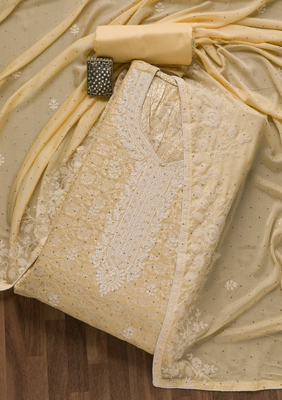 Yellow Threadwork Banarasi Unstitched Salwar Suit-Koskii