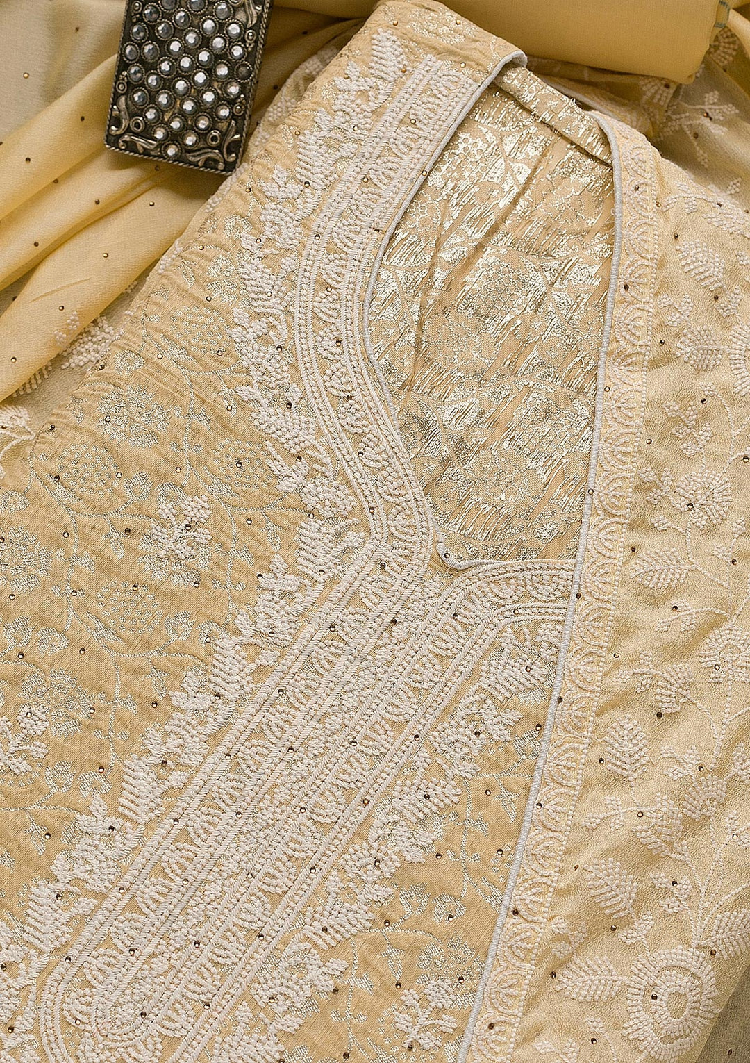 Yellow Threadwork Banarasi Unstitched Salwar Suit-Koskii