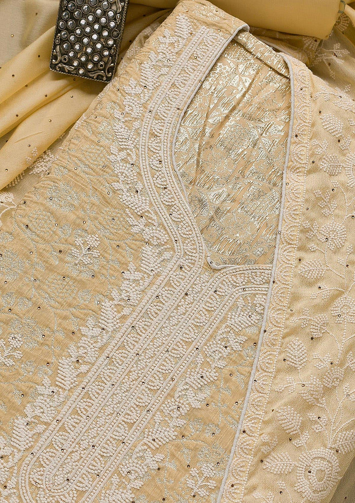 Yellow Threadwork Banarasi Unstitched Salwar Suit-Koskii