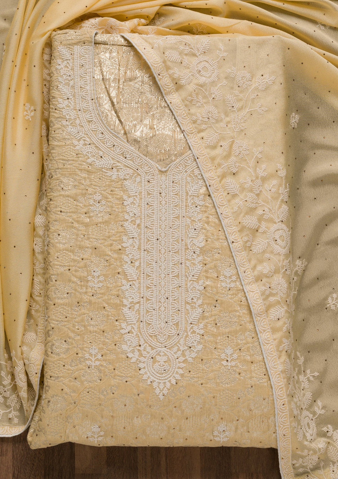 Yellow Threadwork Banarasi Unstitched Salwar Suit-Koskii