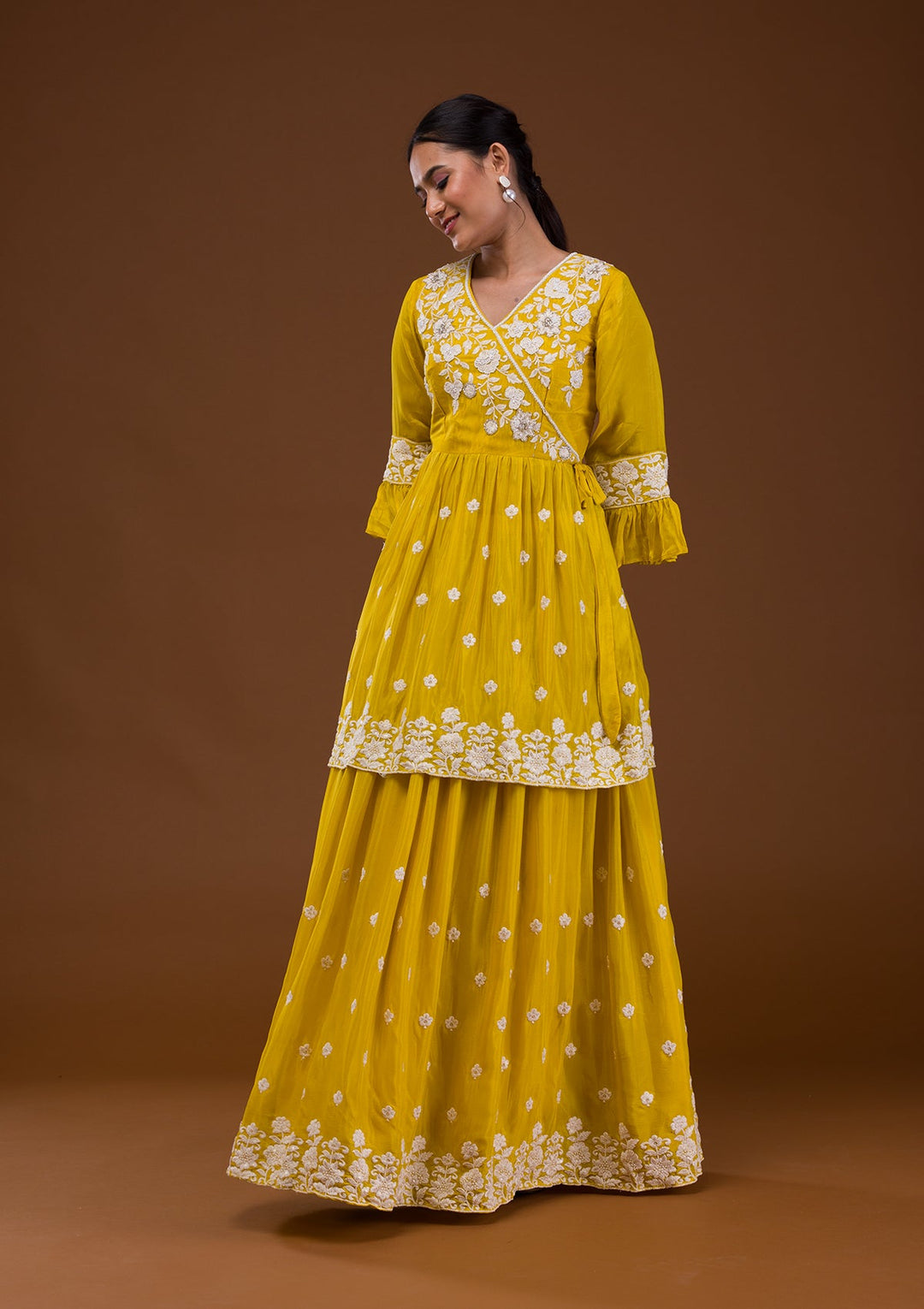 Yellow Threadwork Chiffon Readymade Salwar Suit-Koskii