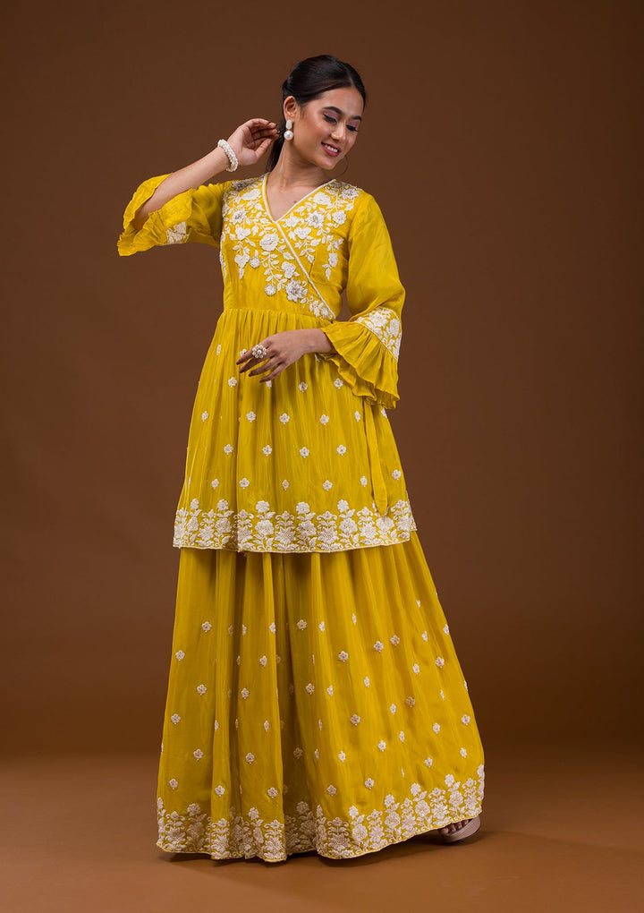 Yellow Threadwork Chiffon Readymade Salwar Suit-Koskii