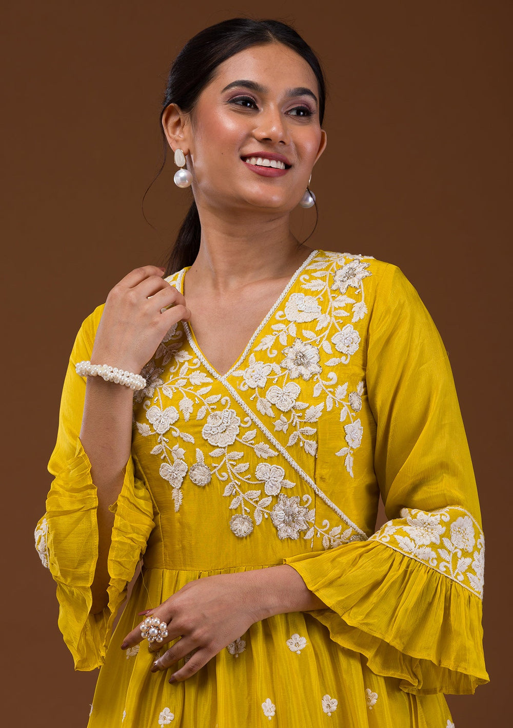 Yellow Threadwork Chiffon Readymade Salwar Suit-Koskii