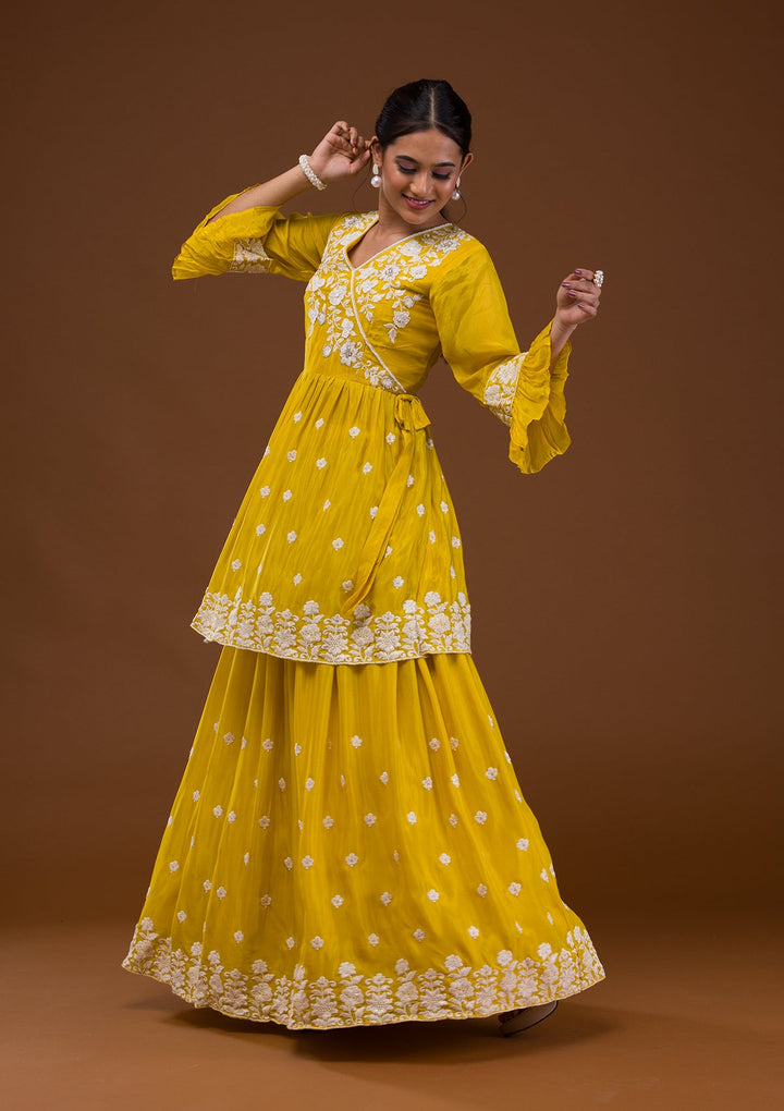 Yellow Threadwork Chiffon Readymade Salwar Suit-Koskii