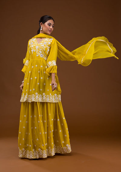 Yellow Threadwork Chiffon Readymade Salwar Suit-Koskii