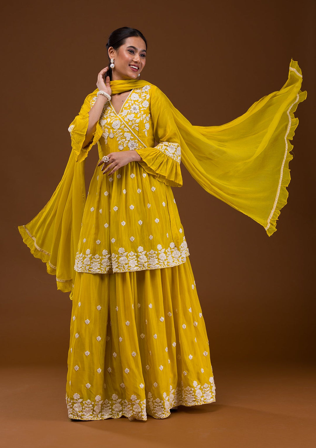 Yellow Threadwork Chiffon Readymade Salwar Suit-Koskii
