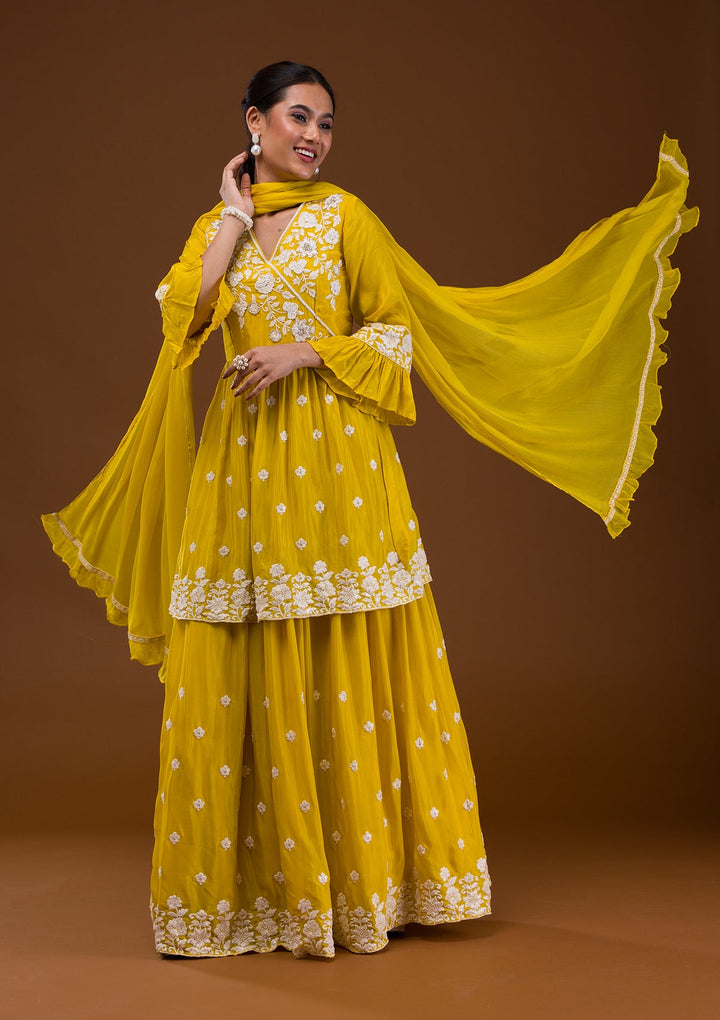 Yellow Threadwork Chiffon Readymade Salwar Suit-Koskii