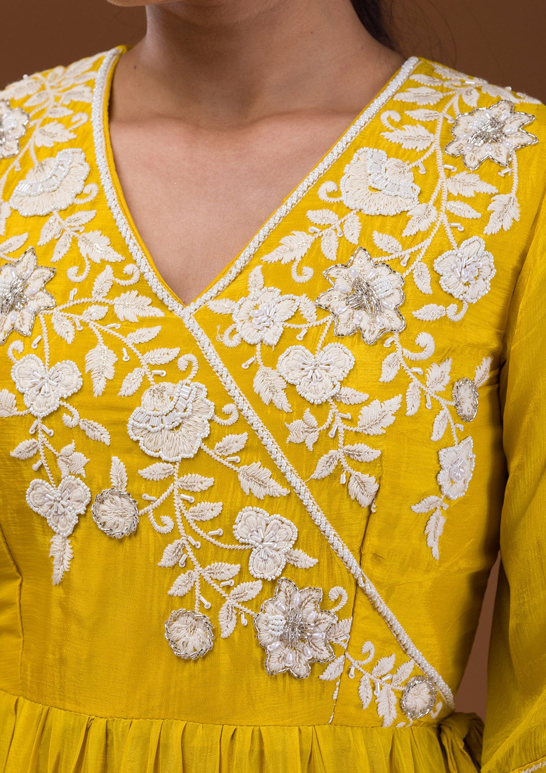 Yellow Threadwork Chiffon Readymade Salwar Suit-Koskii