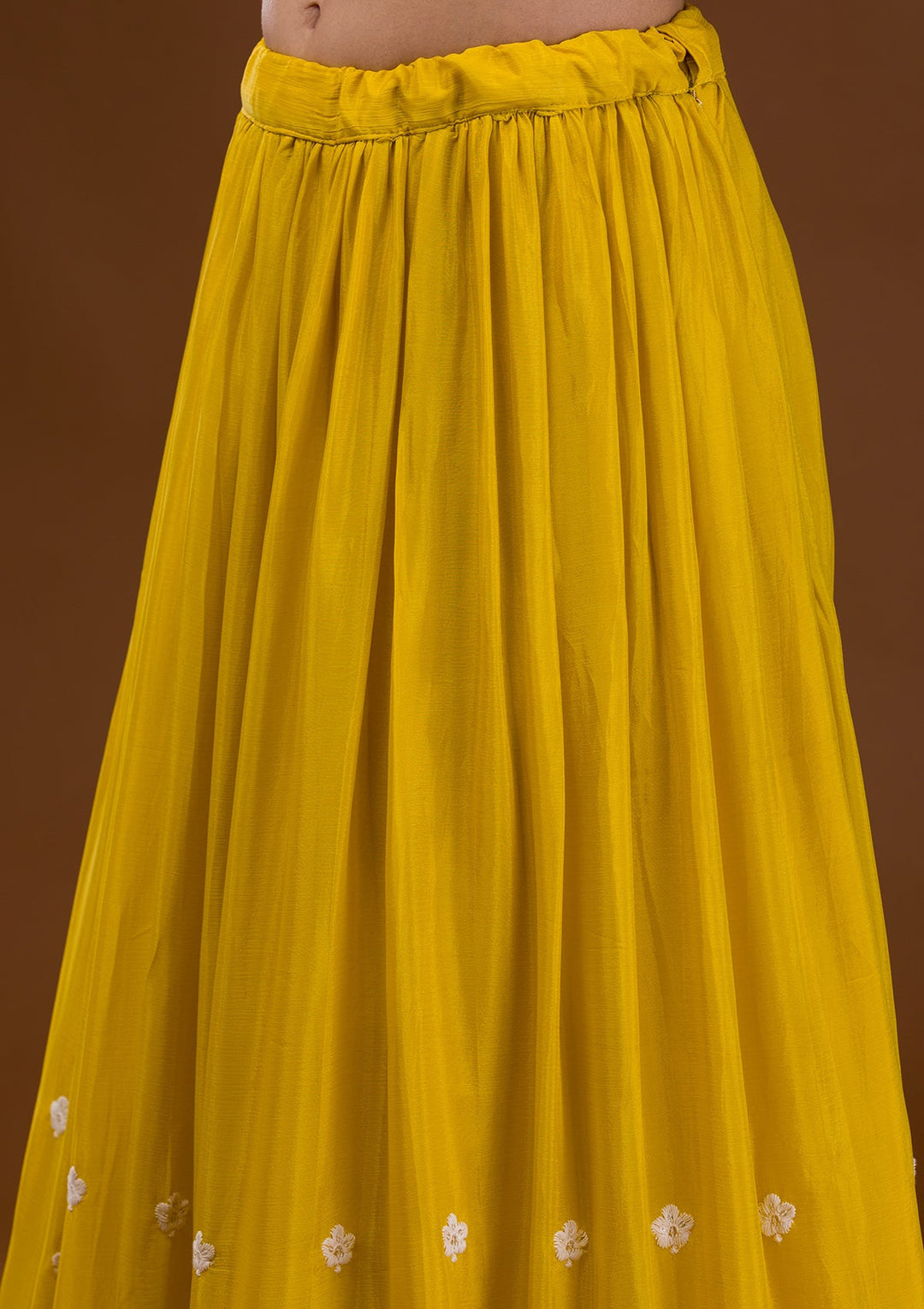 Yellow Threadwork Chiffon Readymade Salwar Suit-Koskii
