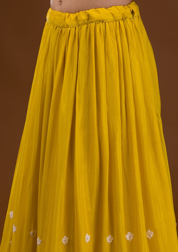 Yellow Threadwork Chiffon Readymade Salwar Suit-Koskii