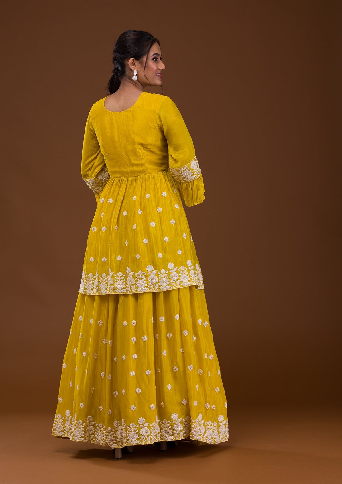 Yellow Threadwork Chiffon Readymade Salwar Suit-Koskii