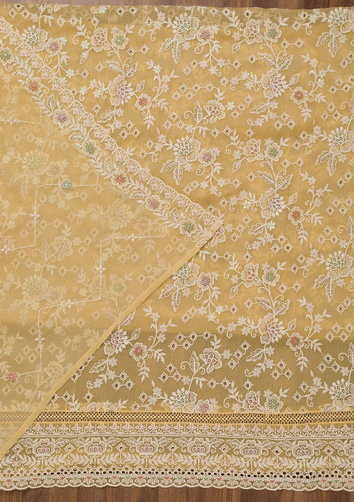Yellow Threadwork Chiffon Unstitched Salwar Suit-Koskii
