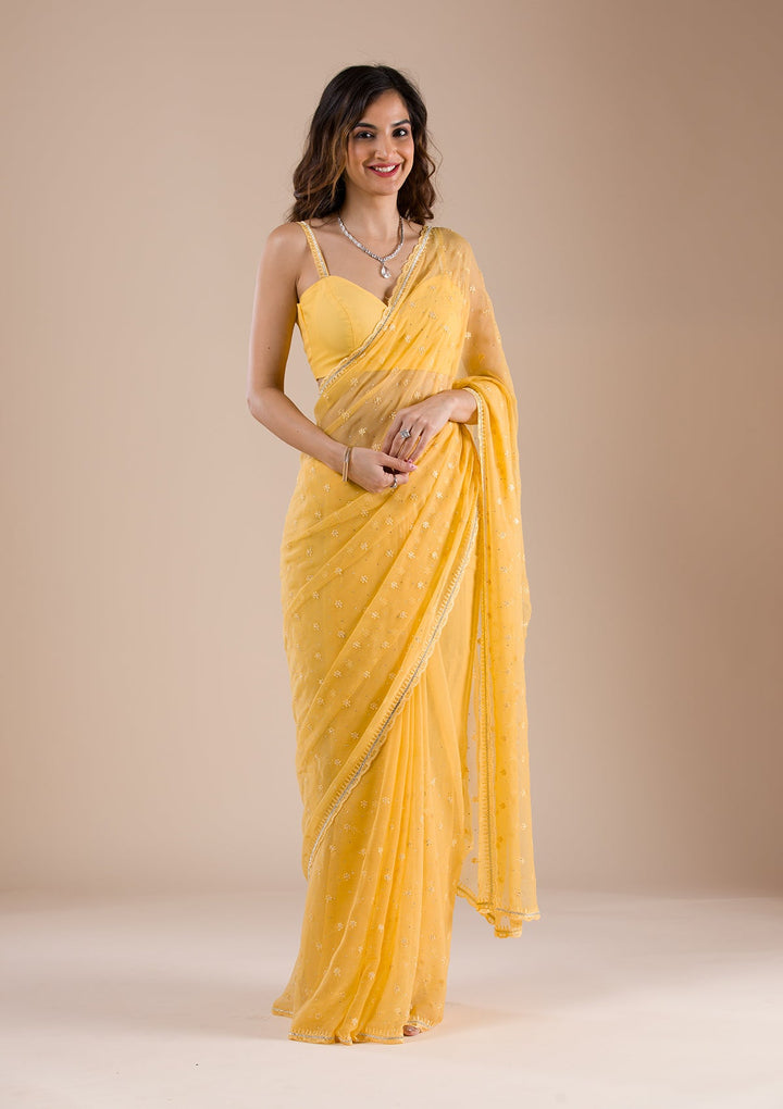 Yellow Threadwork Chiffon Saree-Koskii