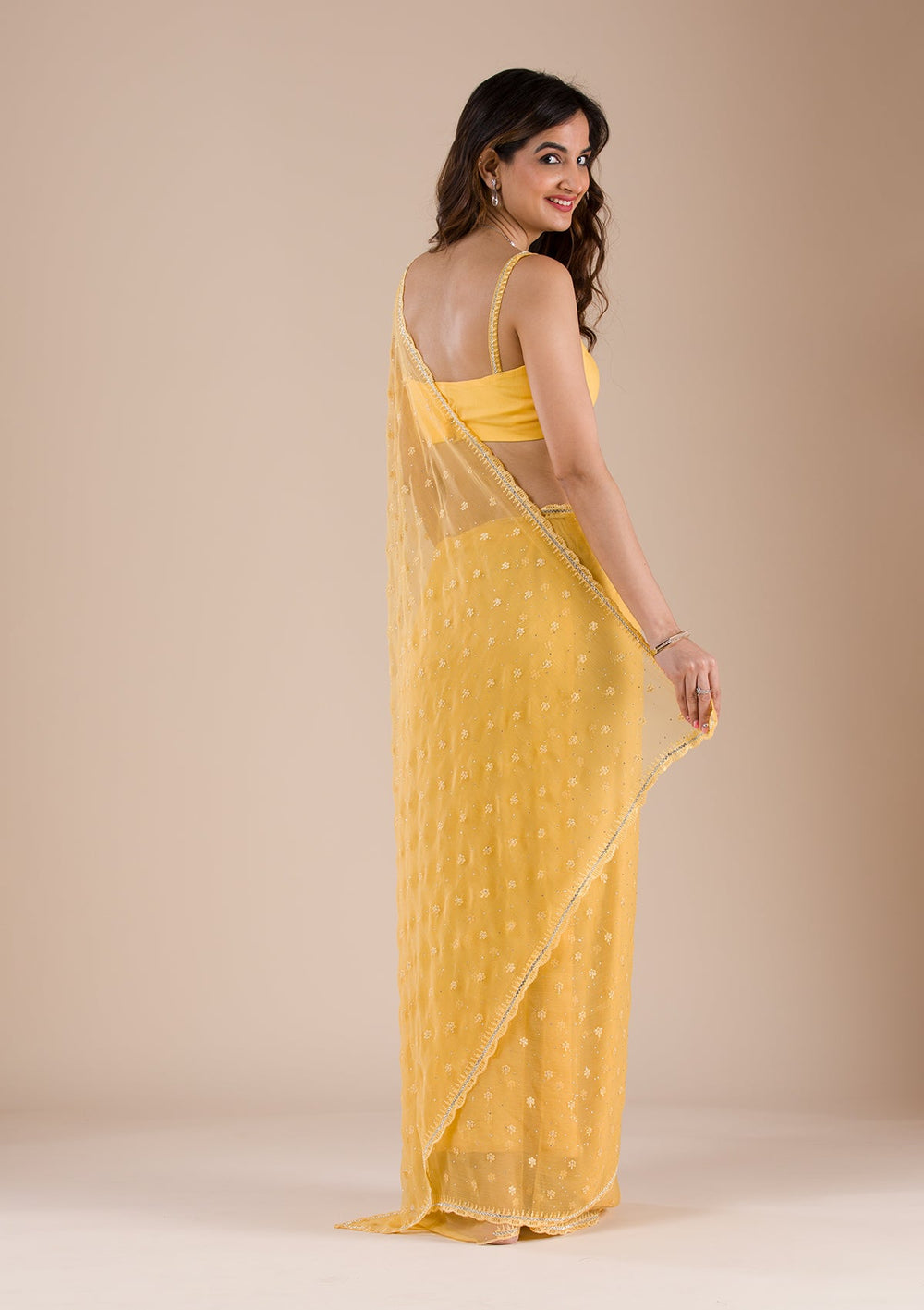 Yellow Threadwork Chiffon Saree-Koskii