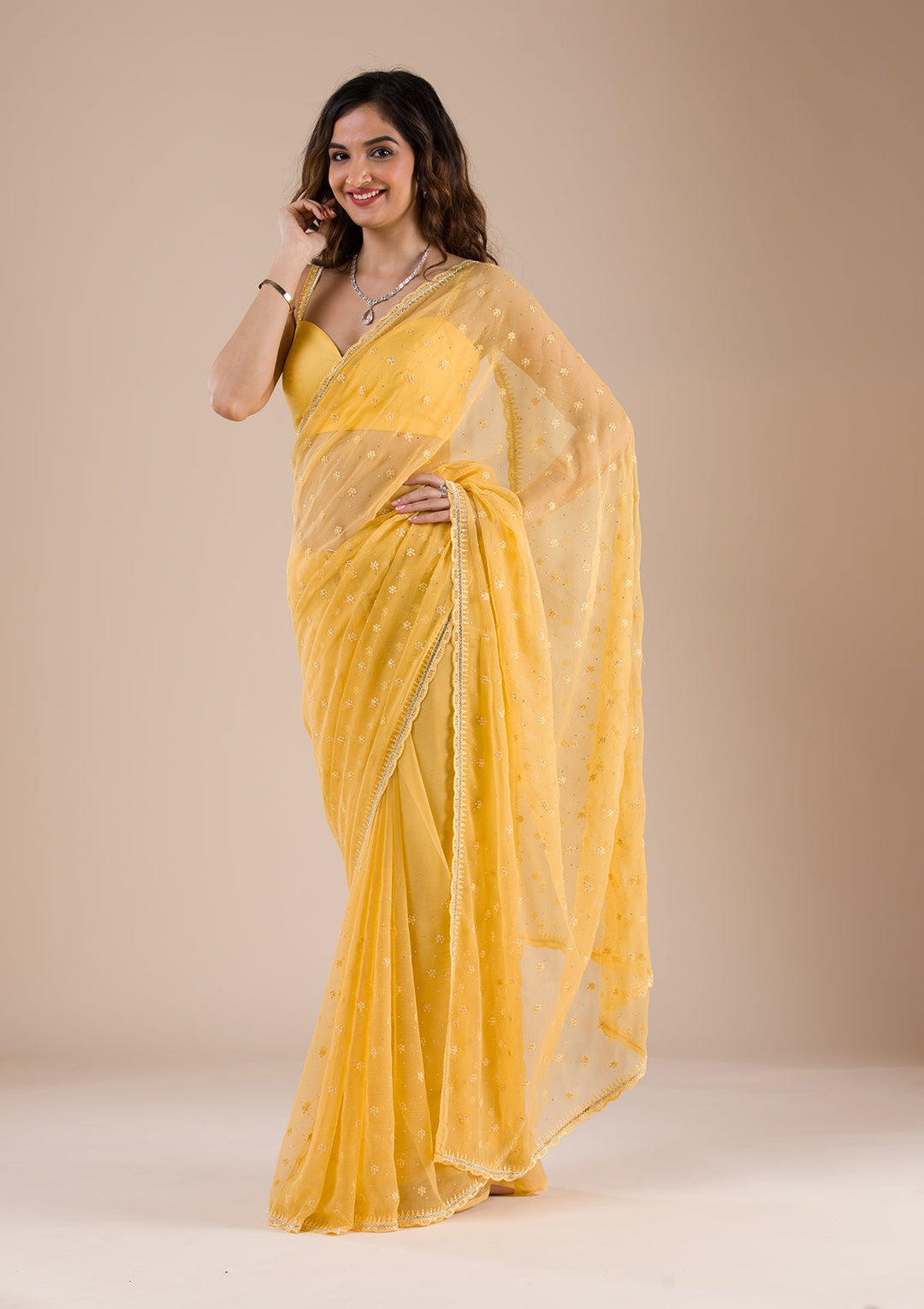 Yellow Threadwork Chiffon Saree-Koskii