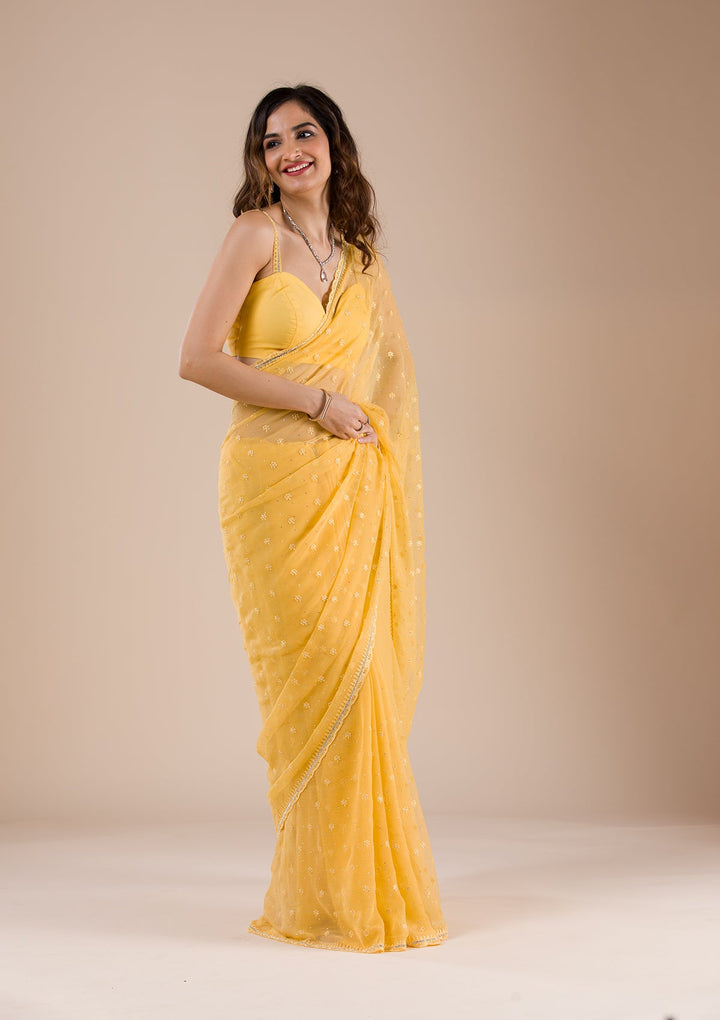 Yellow Threadwork Chiffon Saree-Koskii