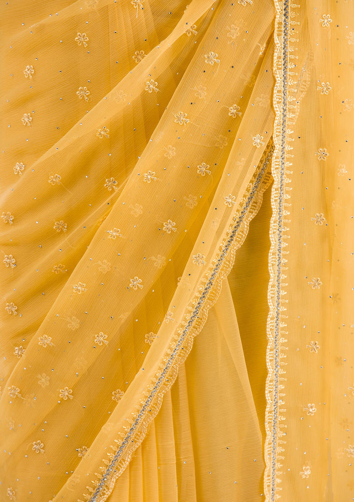 Yellow Threadwork Chiffon Saree-Koskii