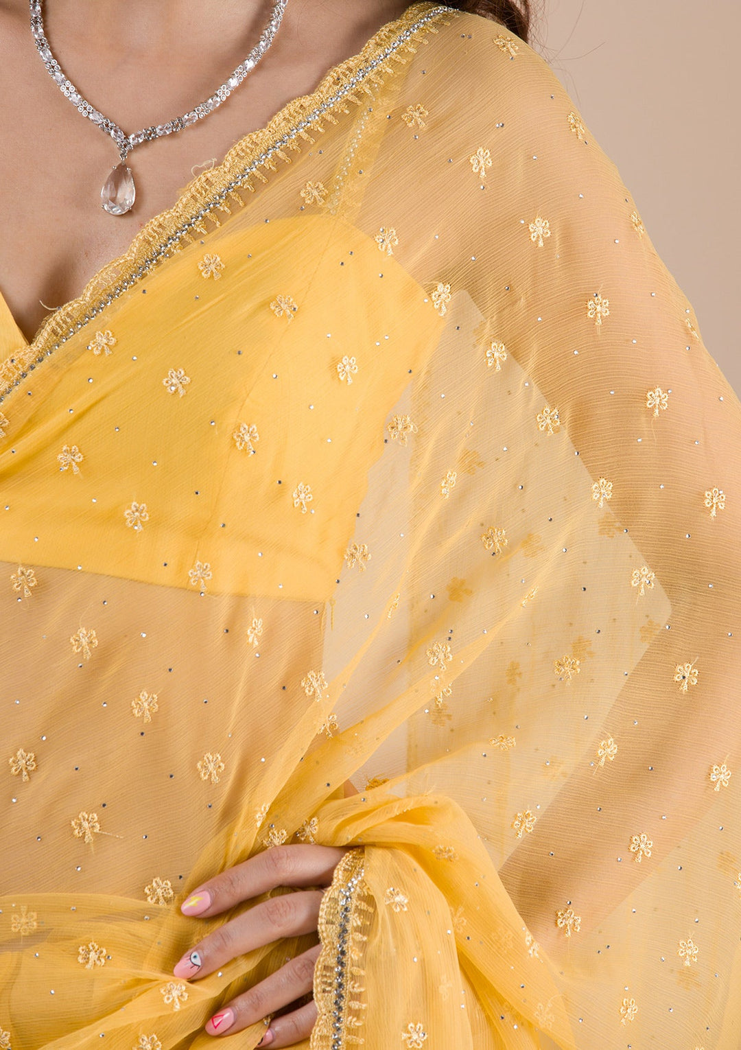Yellow Threadwork Chiffon Saree-Koskii