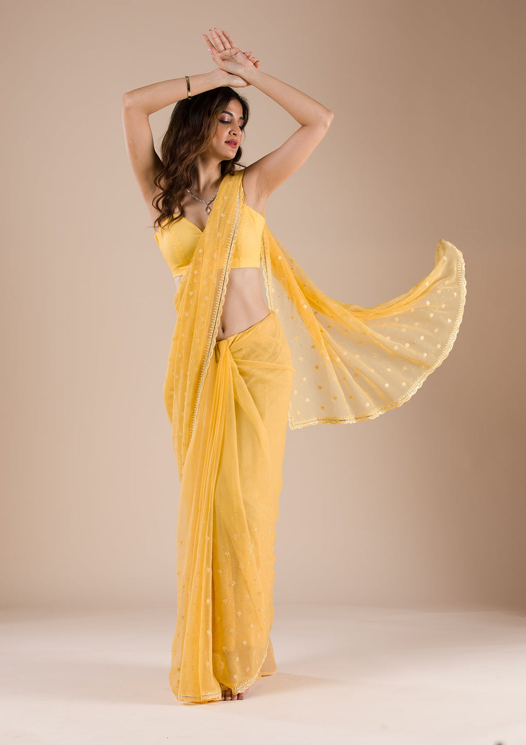 Yellow Threadwork Chiffon Saree-Koskii