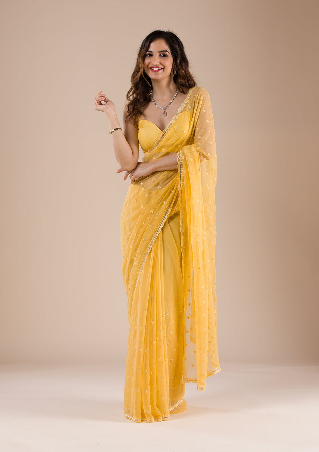 Yellow Threadwork Chiffon Saree-Koskii
