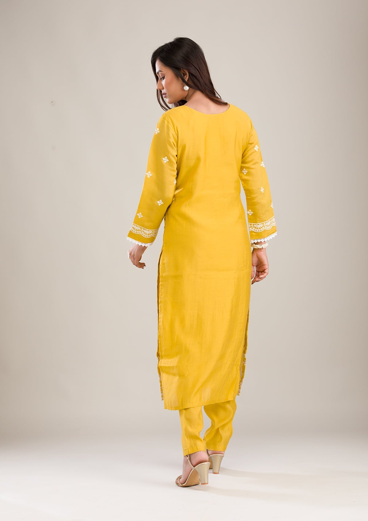 Yellow Threadwork Cotton Readymade Salwar Suit-Koskii