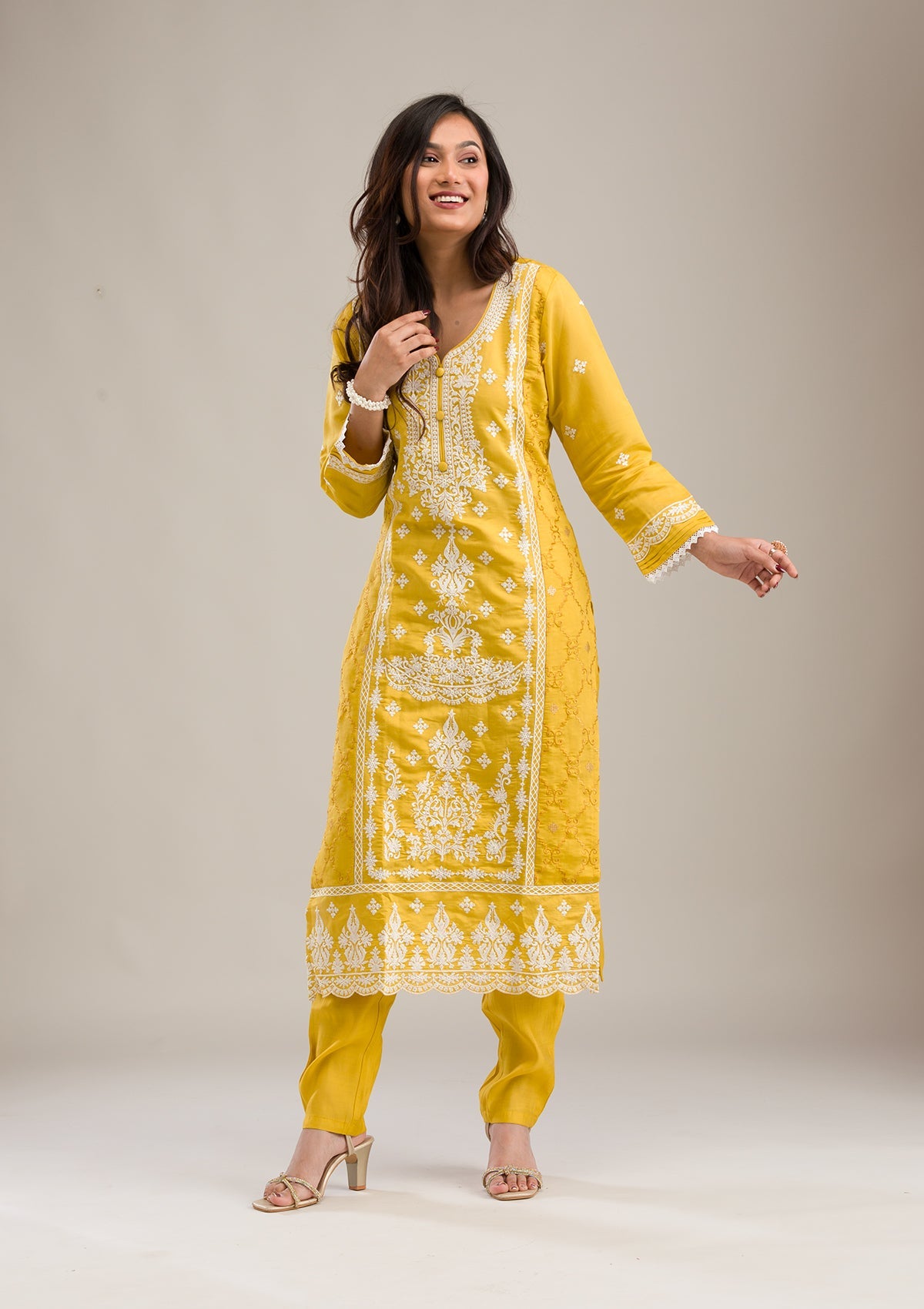 Yellow Threadwork Cotton Readymade Salwar Suit-Koskii