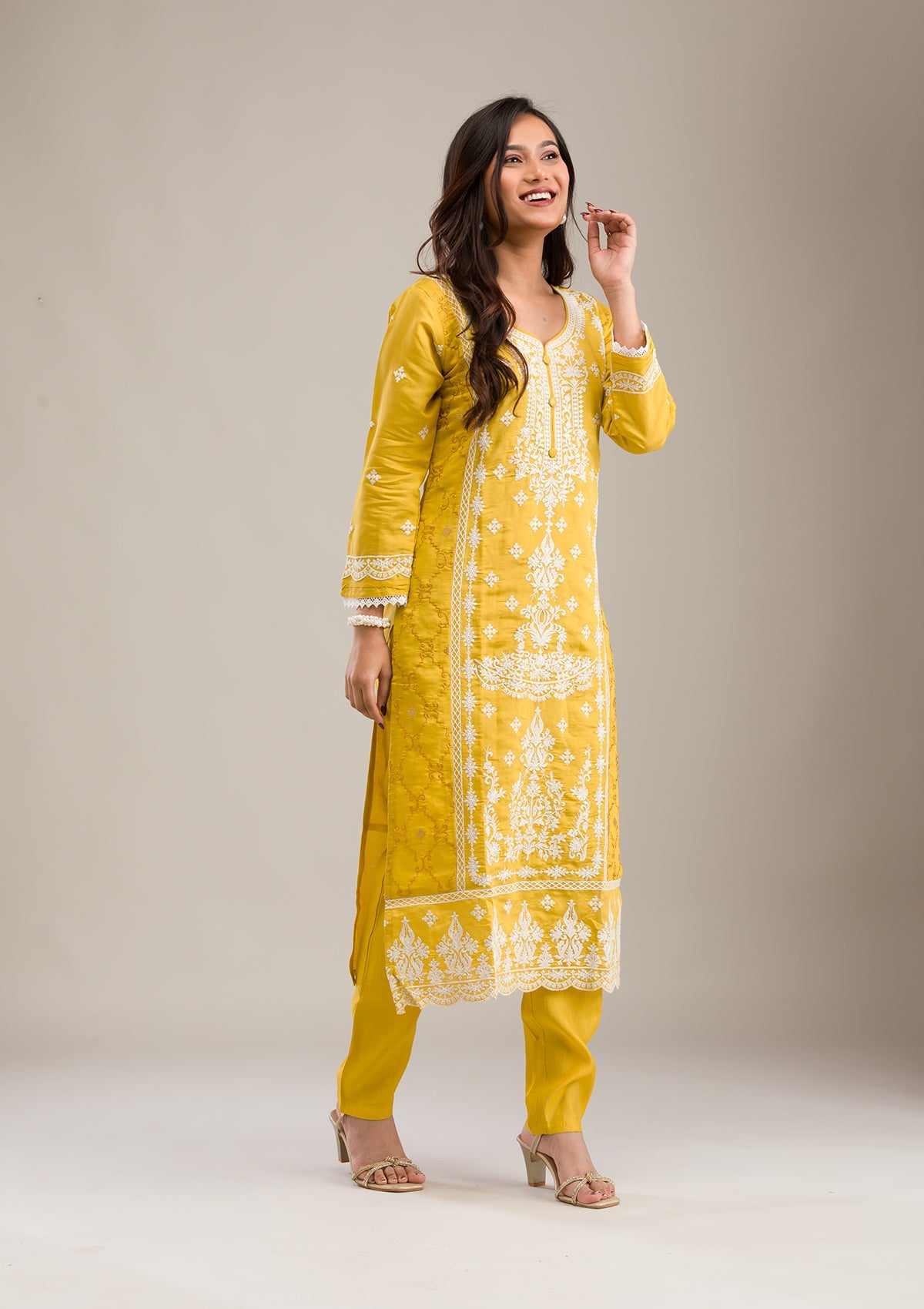 Yellow Threadwork Cotton Readymade Salwar Suit-Koskii