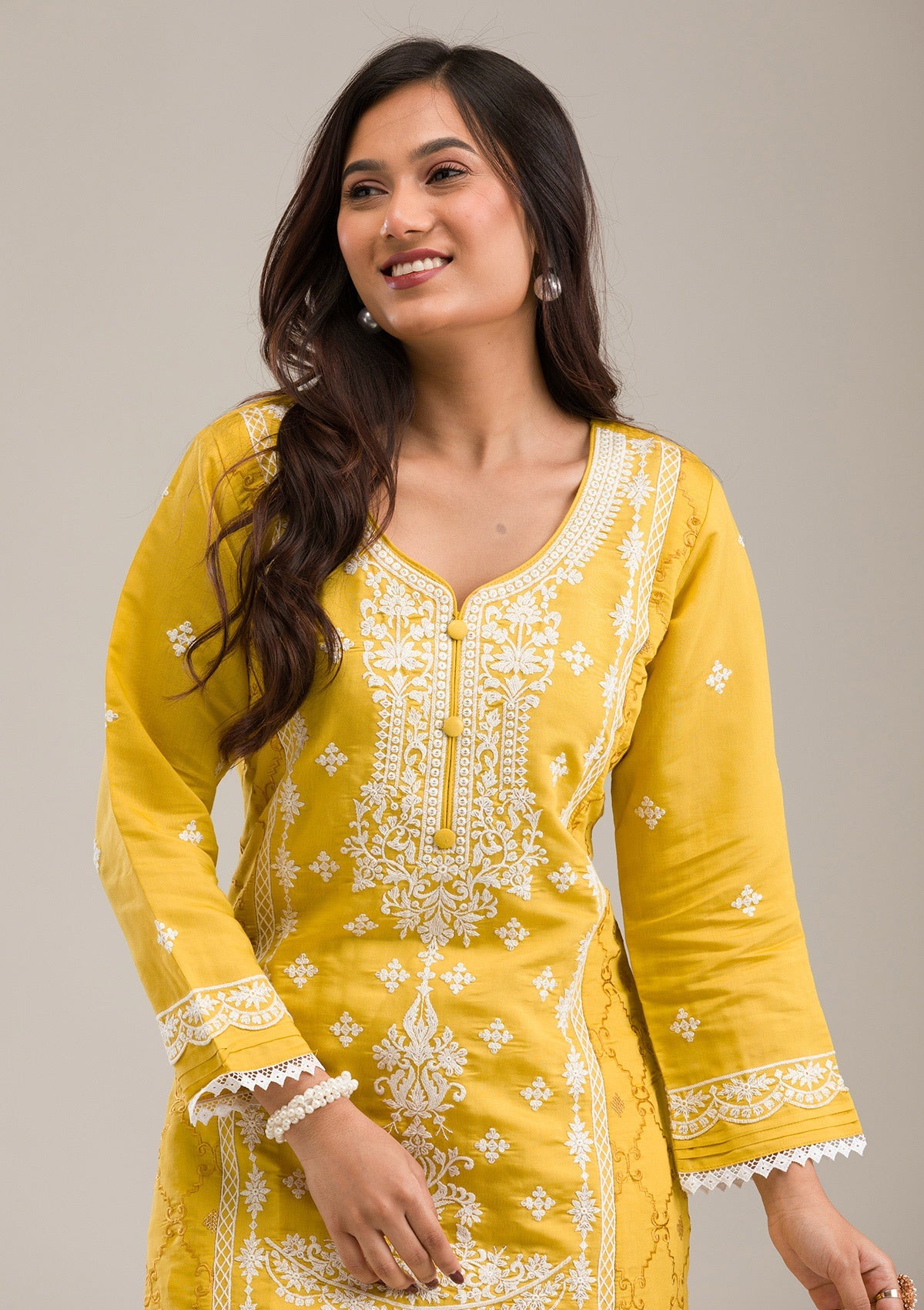 Yellow Threadwork Cotton Readymade Salwar Suit-Koskii