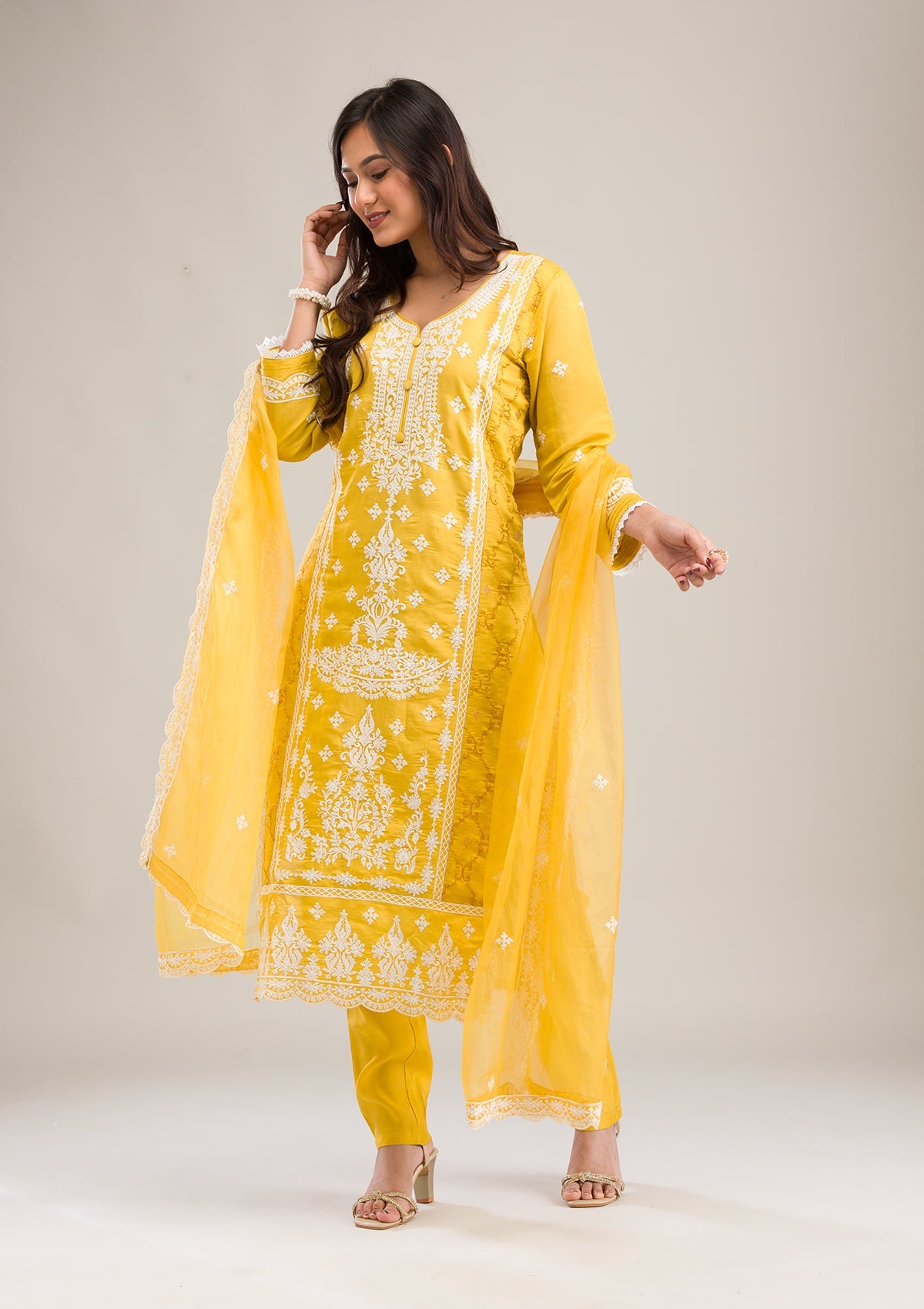 Yellow Threadwork Cotton Readymade Salwar Suit-Koskii