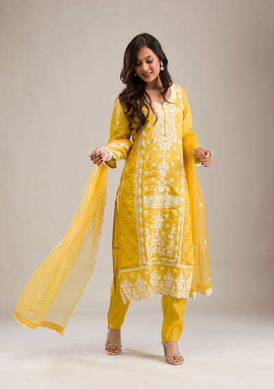 Yellow Threadwork Cotton Readymade Salwar Suit-Koskii