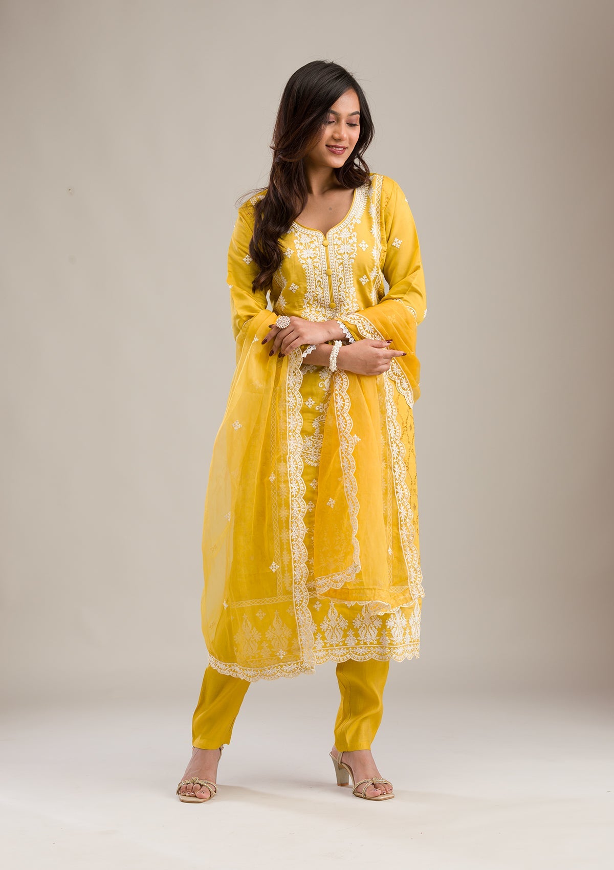 Yellow Threadwork Cotton Readymade Salwar Suit-Koskii