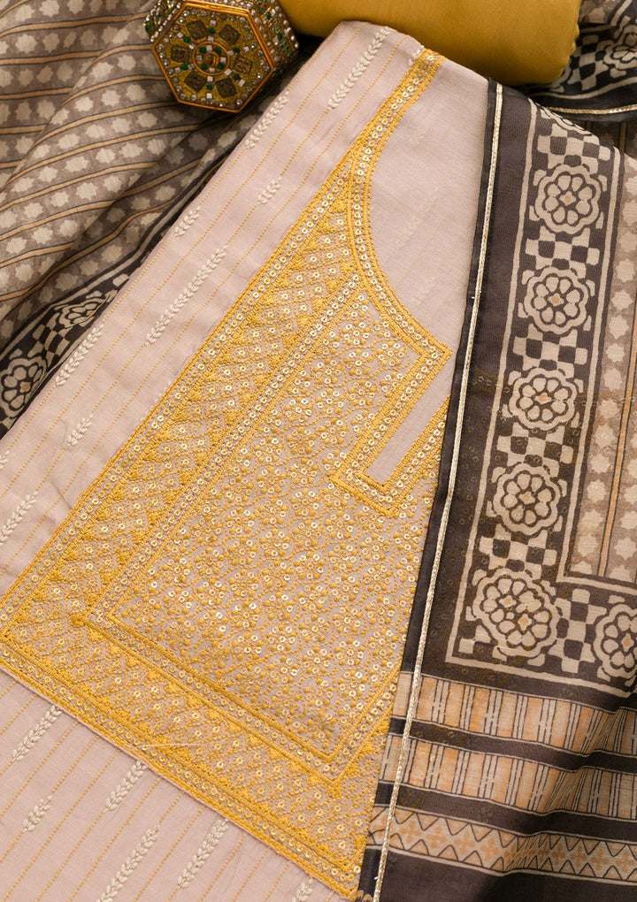 Yellow Threadwork Cotton Unstitched Salwar Suit-Koskii