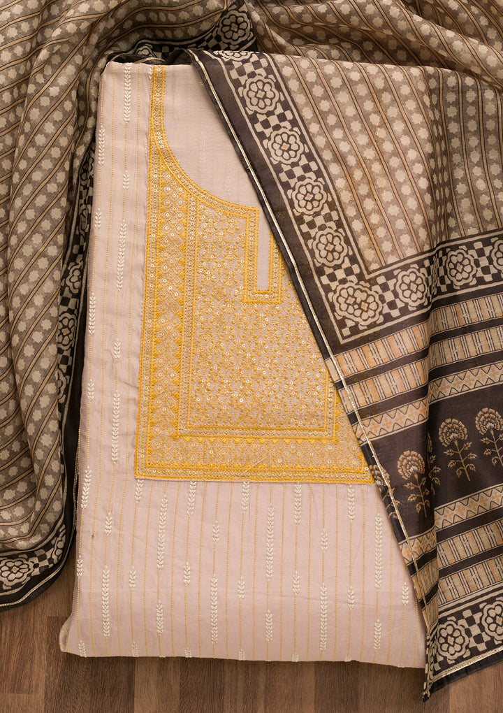 Yellow Threadwork Cotton Unstitched Salwar Suit-Koskii