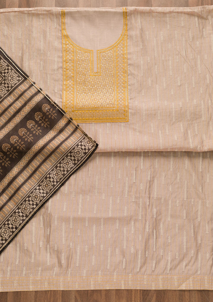 Yellow Threadwork Cotton Unstitched Salwar Suit-Koskii