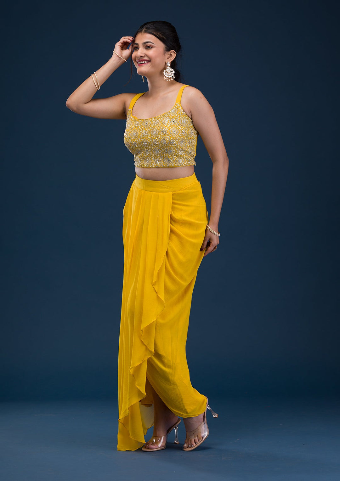 Yellow Threadwork Georgette Readymade Salwar Suit-Koskii