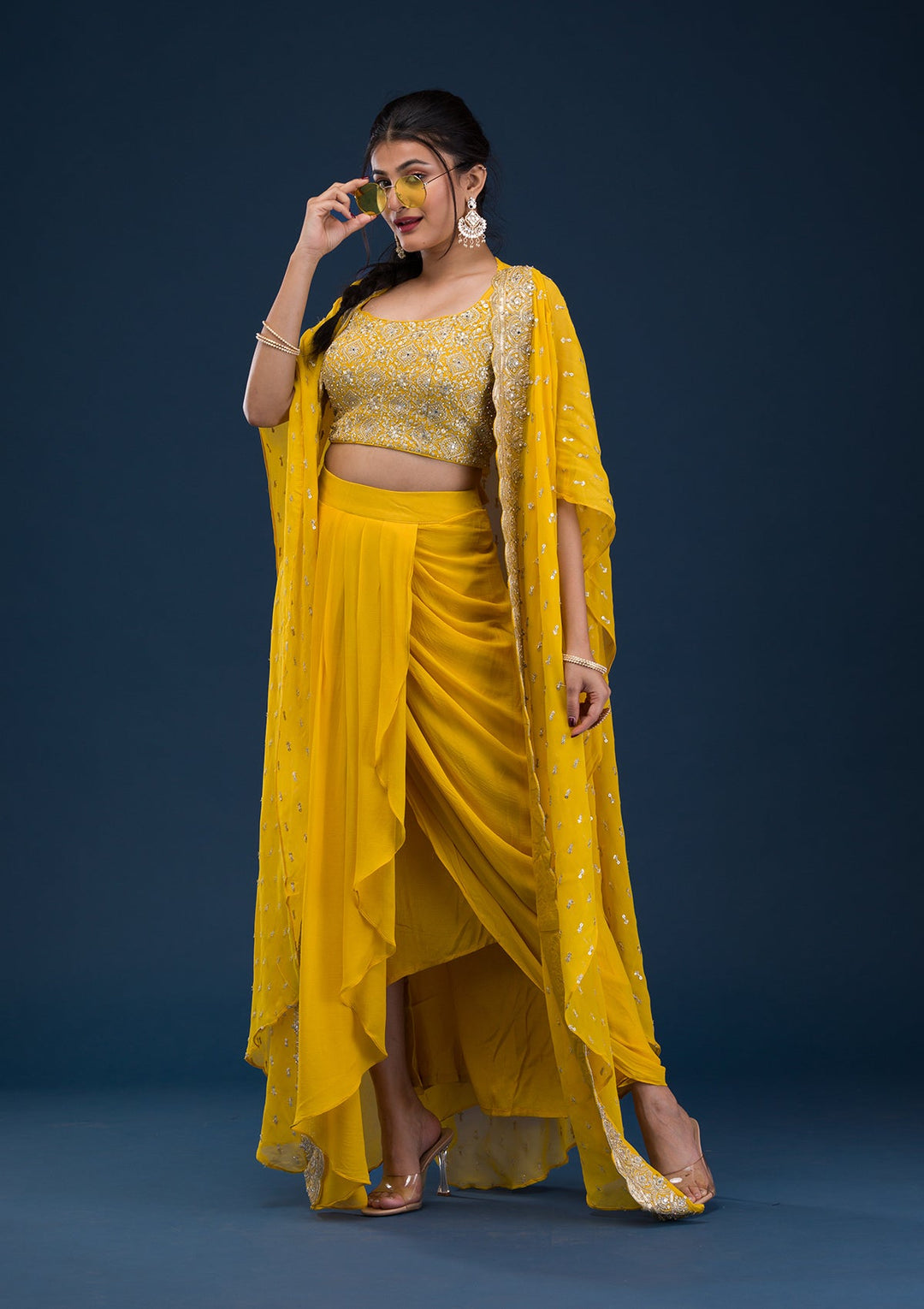 Yellow Threadwork Georgette Readymade Salwar Suit-Koskii