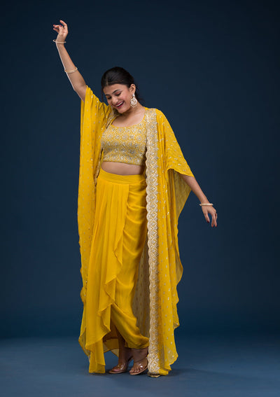 Yellow Threadwork Georgette Readymade Salwar Suit-Koskii
