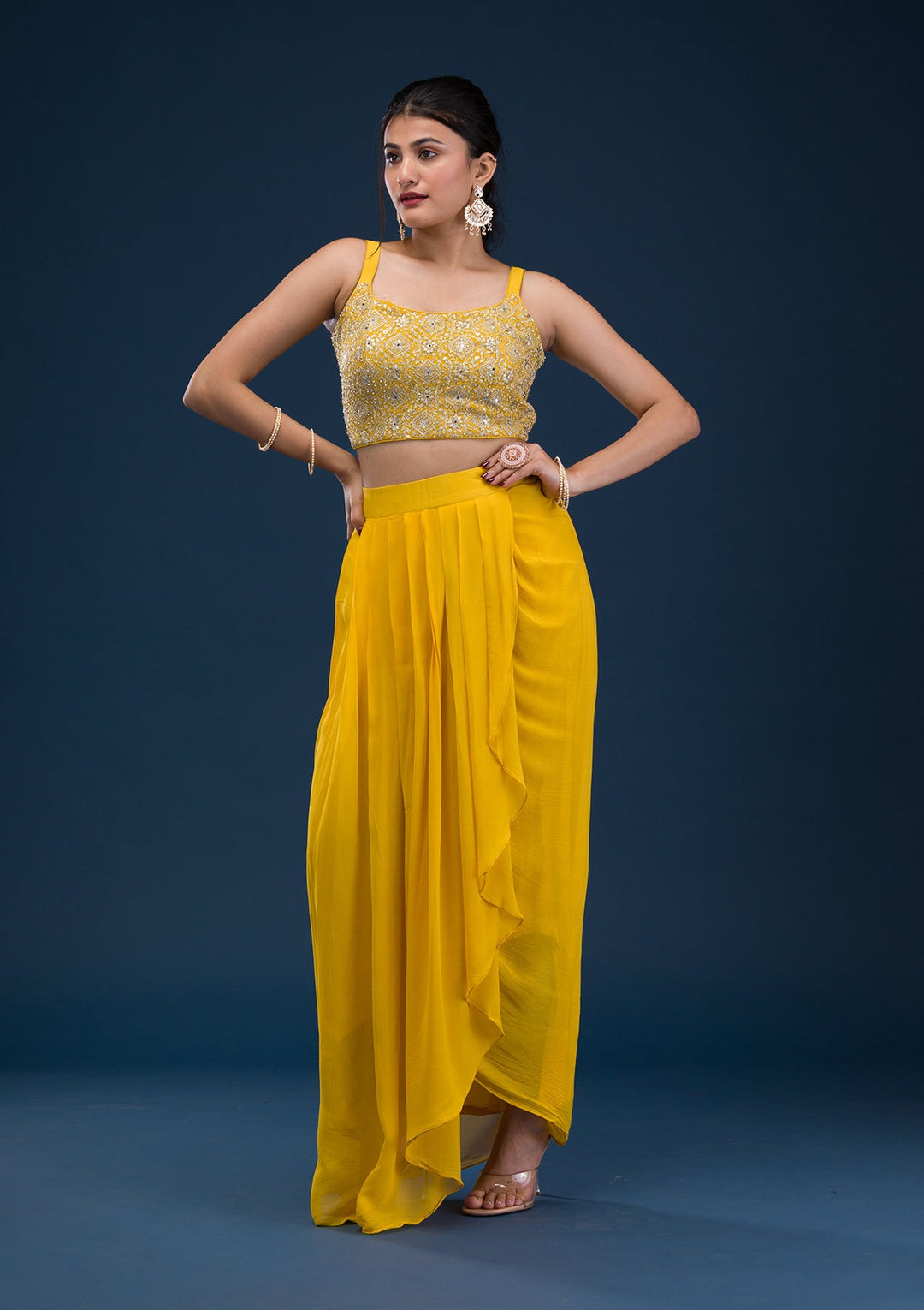 Yellow Threadwork Georgette Readymade Salwar Suit-Koskii