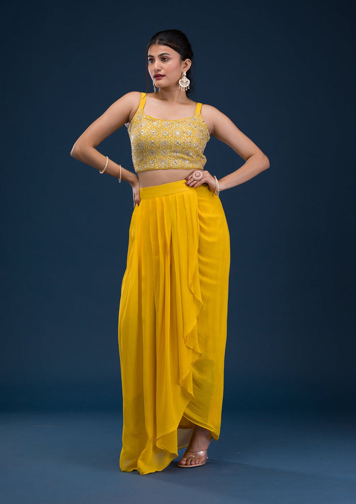 Yellow Threadwork Georgette Readymade Salwar Suit-Koskii