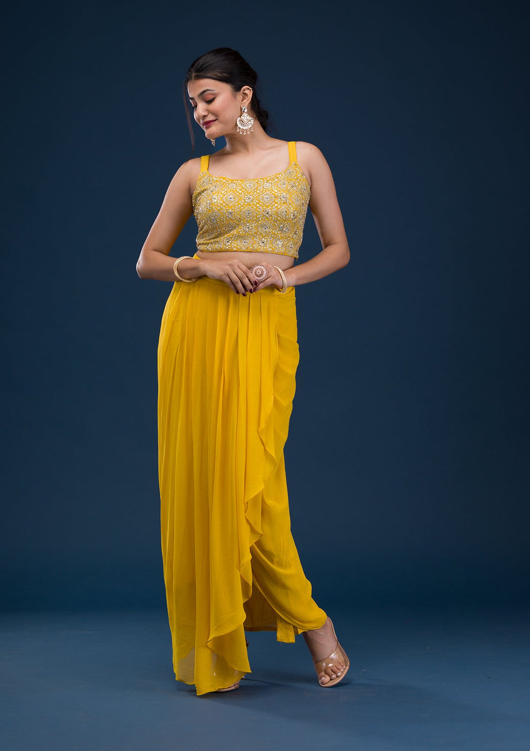 Yellow Threadwork Georgette Readymade Salwar Suit-Koskii